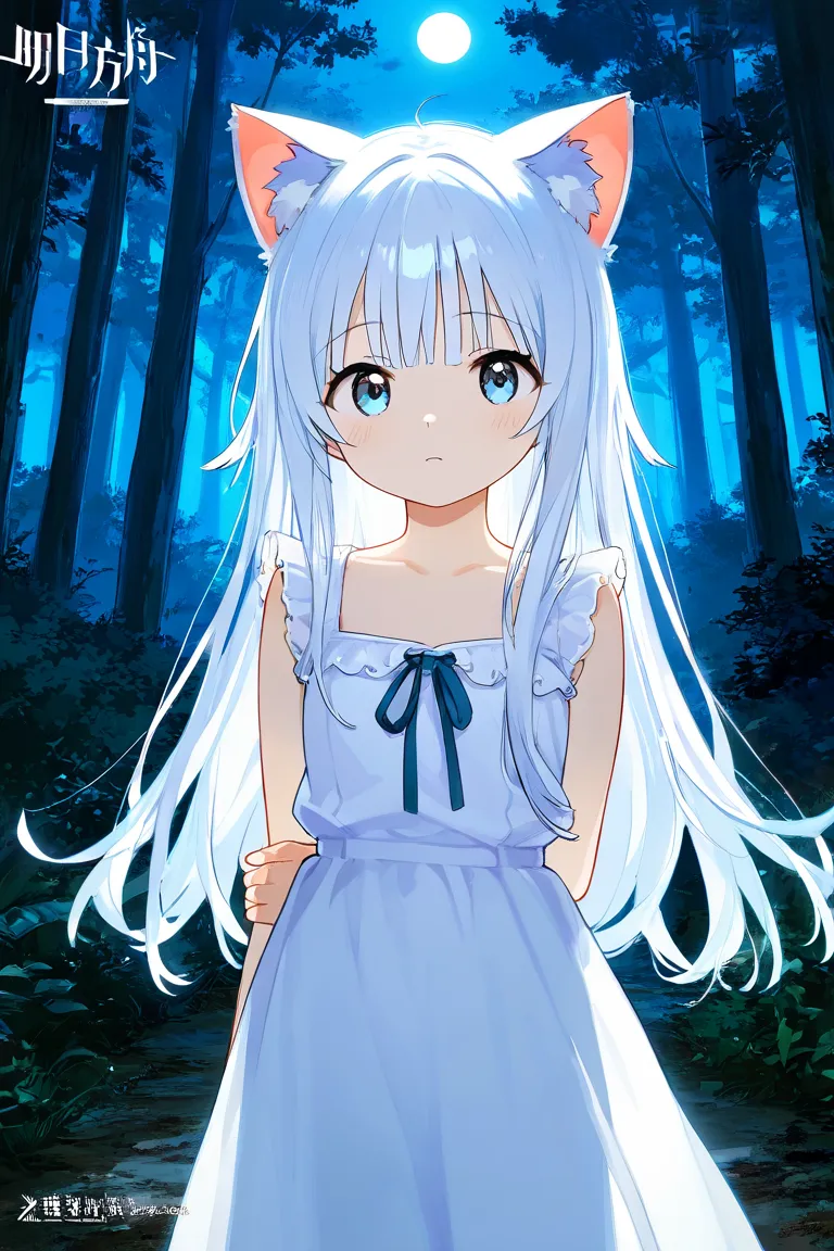  girl、light blue eyes、 white hair、Cat ears、forest、night、shy、Puzzled、Pulling your arm、sex