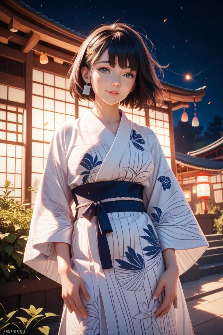 1 Japanese girl,  dark hair, The hairstyle is short,
clothing: white without dirt（pure white like a wedding dress）I'm wearing a yukata from, The belt is white