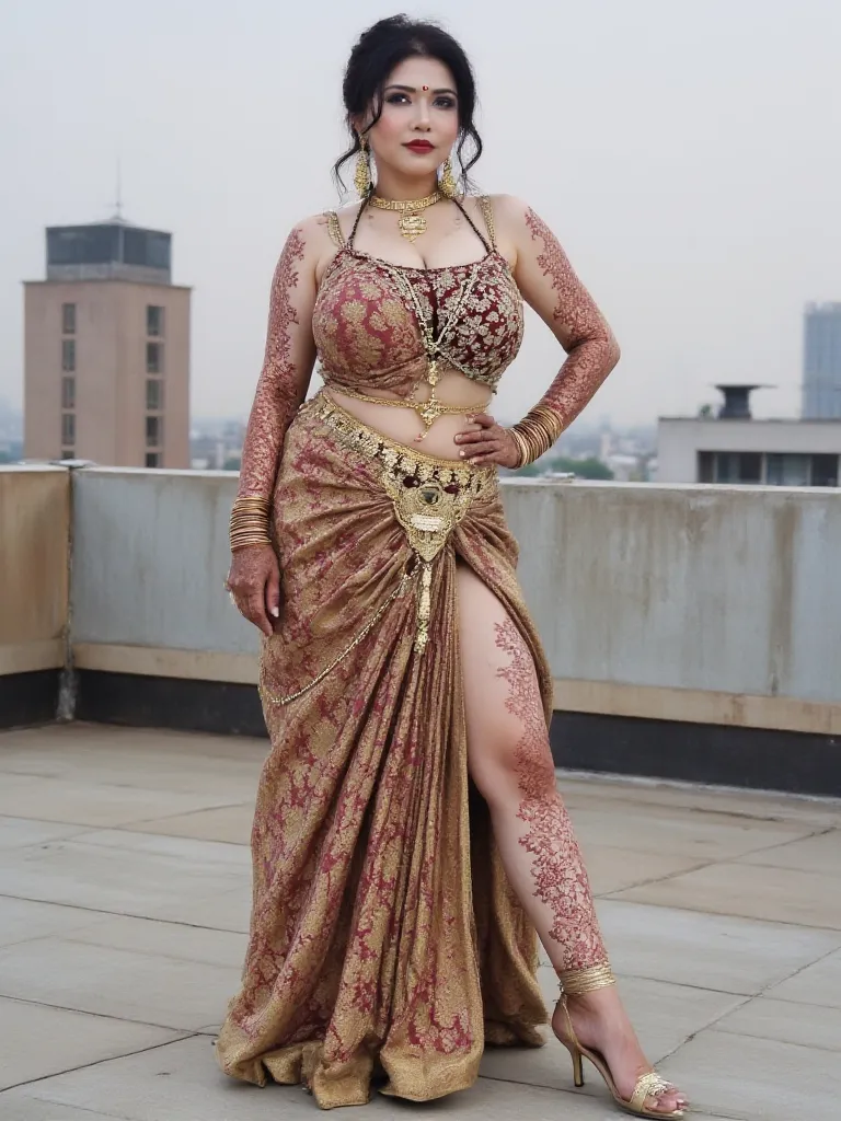 FULL BODY , in MEHANDI HENNA  ON BOTH HANDS AND LEGS, pattern saree,Indian hosewife In Veil , showing her deep showing cleavage inside sleeveless blouse and big Nose Ring, many bangles in both hands,Earings, Necklace ,dark shade Lipstick ,Navel , standing ...