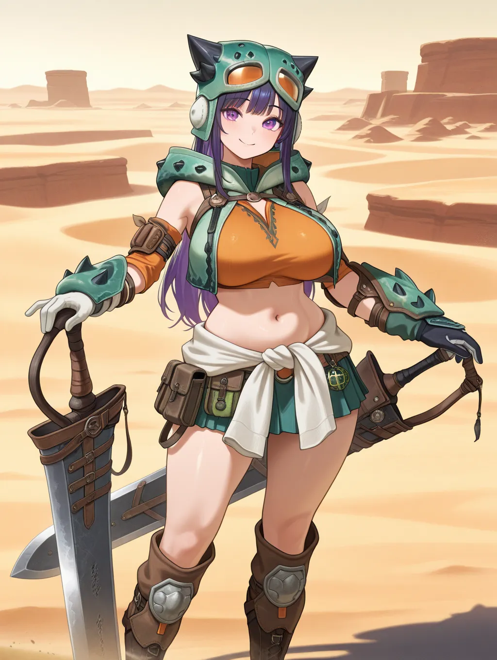 Chatacabra armor,Alone, 1 girl,brown knee boots,asymmetrical gloves, purple eyes ,huge sword,violet hair, smile, belly button,long hair,hand on hilt,view the viewer,white gloves,navel,Green miniskirt, standing, orange cropped top,green jacket,goggles on th...