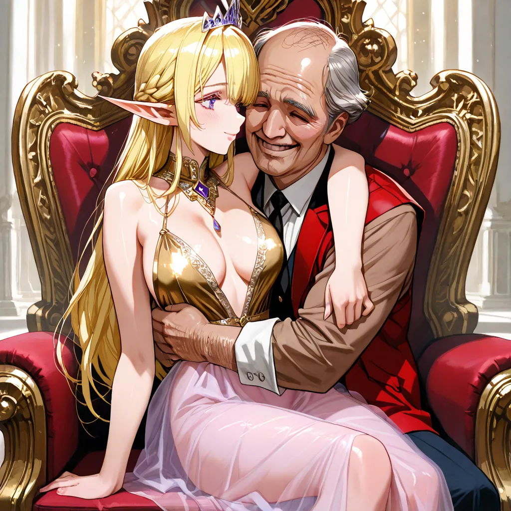 ((highest quality)), ((masterpiece)), (details), （perfect face）、Selas Ashlein, a blond high elf with outstanding proportions, smiles gently, wears a gorgeous, sexy, shiny gold see-through dress, is dressed with luxurious jewelry accessories, and sincerely ...