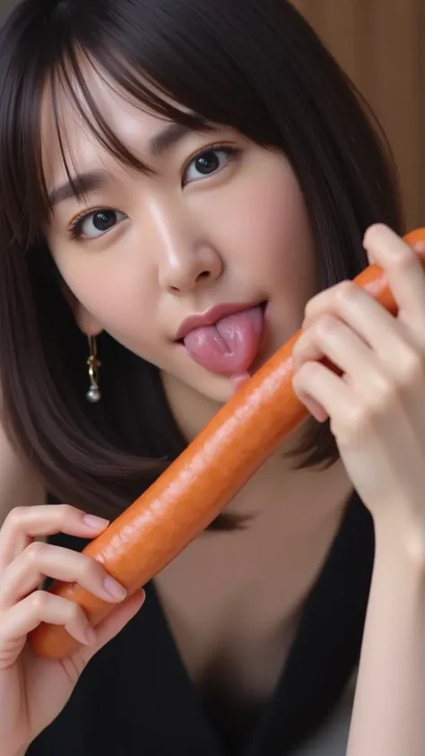 High Resolution, masterpiece, anatomically correct, high detail, A beautiful Japanese person、Jet Black Hair、sausage、 is licking sausages、stick out their tongues、 licking 、舌で licking 、open your mouth wide、Put sausage in mouth、 sexy、pseudo-fellatio、pseudo-or...