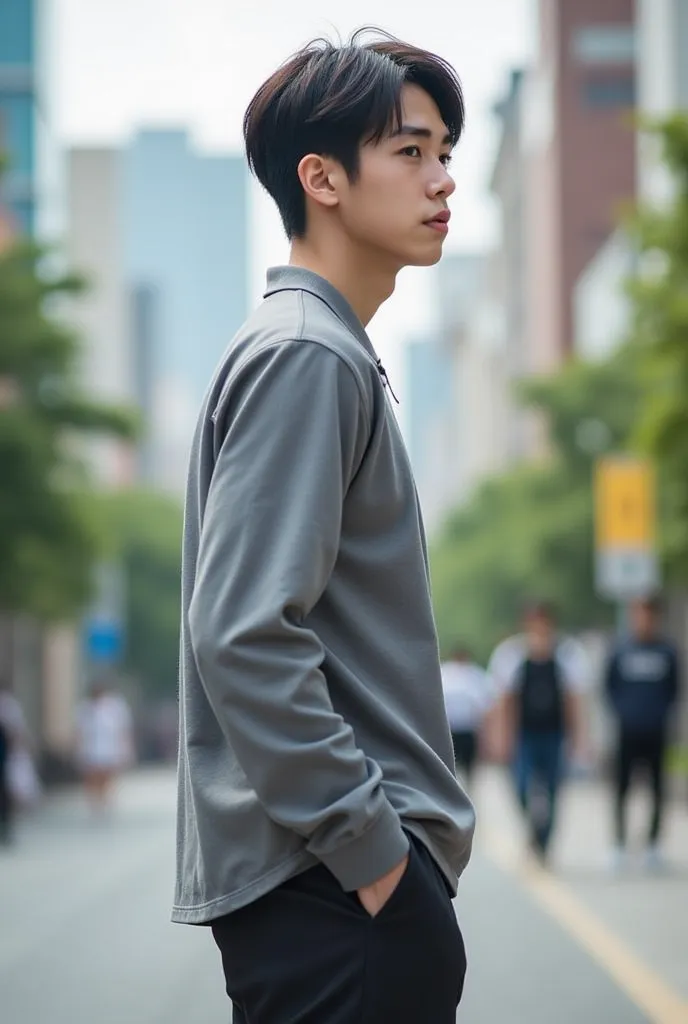 23 years old　Japanese　male　university student　Hairstyle parted in the center　I can see your forehead　Simple Outfit　color of clothing（monotone）　Full body photo（Photos where the face is hard to see）　profile　place（Urban city）