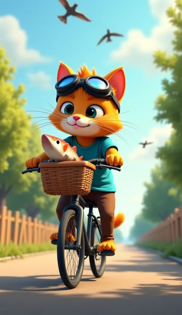 Description: The cat puts the fish in the bicycle basket and rides home on a bicycle through the city.

 Character Design:

 Cat: A small hat on the head, black goggles, blue shirt and brown pants.

 Environment: Rural road, trees, birds flying.