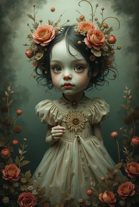 masterpiece, best quality, amazing quality, newest, absurdres, highres, high resolution, intricate details, ultra detailed, perfect details, very aesthetic. combined artwork by Ray Caesar and Mark Ryden, In the bottom center, display the stylized blood tex...