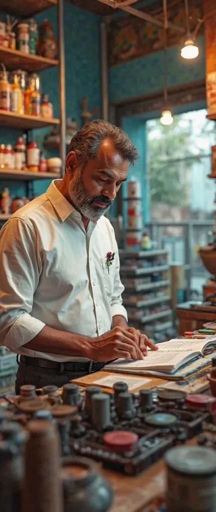 Hd image of male accountant in paint and hardware store in kerala, doing calculations