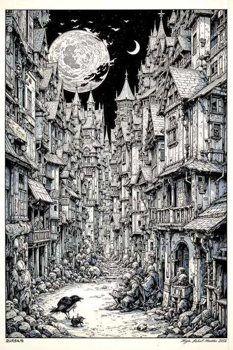 There's an Ukiyo-e of a decadent medieval European city, Dark Ages ,People Falling by the Wayside,disease,mouse,Flesh-pecking Raven,wide angle shot,  chiaroscuro,  detailed cover art ,Black Details ,Scary works, Exorcist ,abstract and abstract sky, mystica...