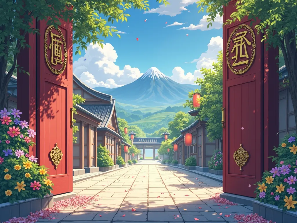 An illuminated and enchanting setting, where sunlight bathes a Tranquil and serene street, typical of an anime. Ahead, a large red wooden door, adorned with traditional symbols and golden details, stands out as a portal to a world full of mystery and beaut...