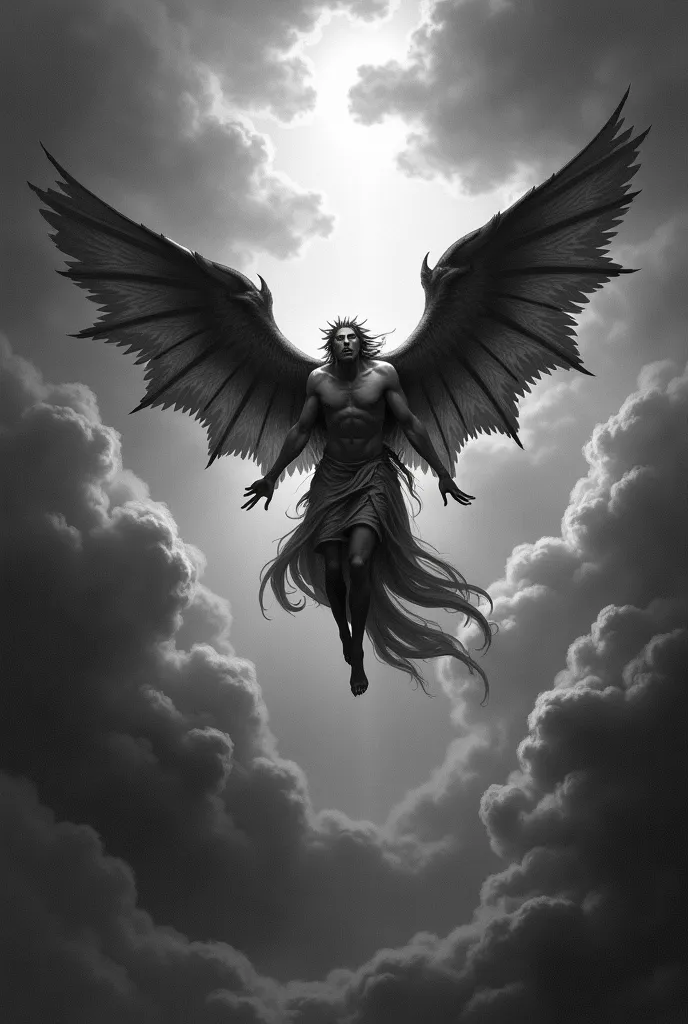 "Black and white engraving-style illustration, depicting a fallen angel with torn bat-like wings from far far away, plummeting through stormy clouds. Rays of divine light breaking through the dark sky, creating dramatic chiaroscuro contrast. Atmospheric, m...