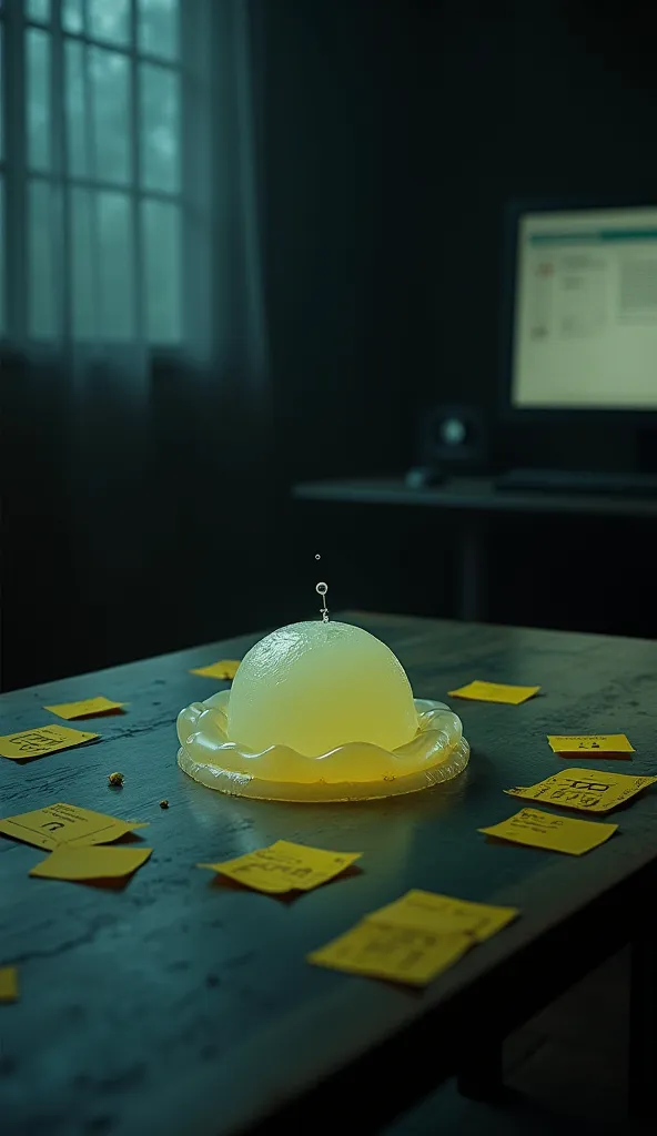 dark room, jelly on the table against the background of a desk and a computer monitor that is not off, there are lots of yellow stickers with text on the table