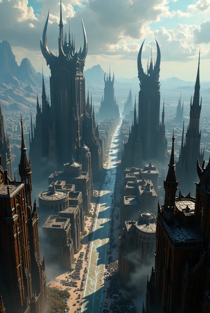 City of Blades
Camera Angle:
The camera moves through the fortified city, with large metal towers and blades that project into the sky. The plane is high, revealing the strategic layout of the city and the grandeur of the fortifications.
 lighting:
The lig...