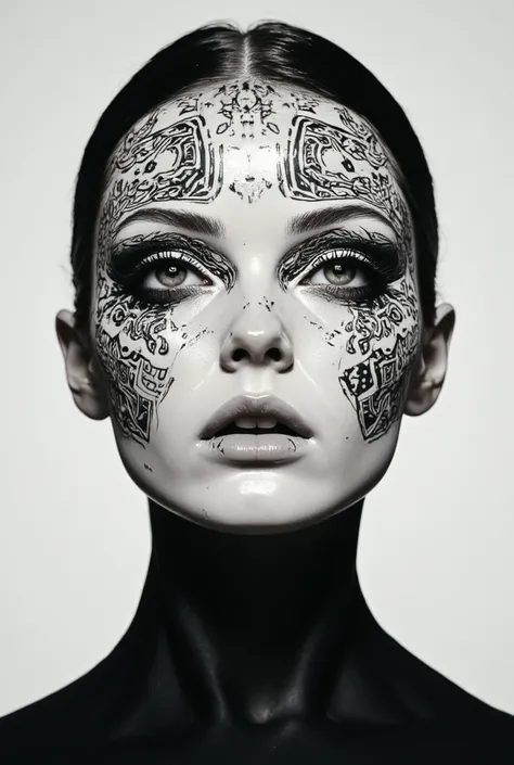 a woman with a black and white pattern on her face, symmetrical portrait, 3D details, digital art