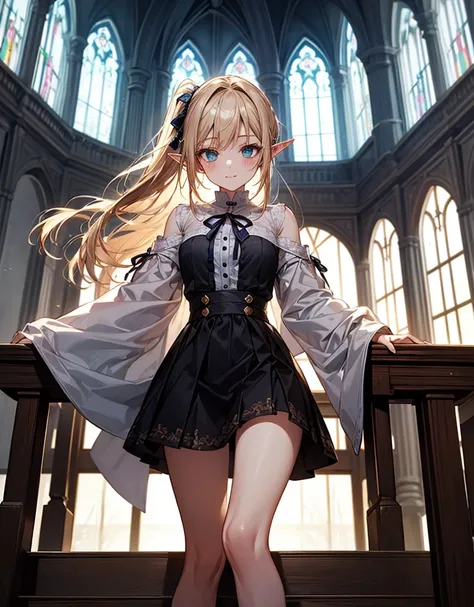 a young female elf sitting on a staircase where deformed branches and leaves of a living tree grow as they are、drawn with a soft anime-style illustration。 she says (long blonde hair)Knit it up、emphasizes the characteristics of elves It's。age is thought to ...