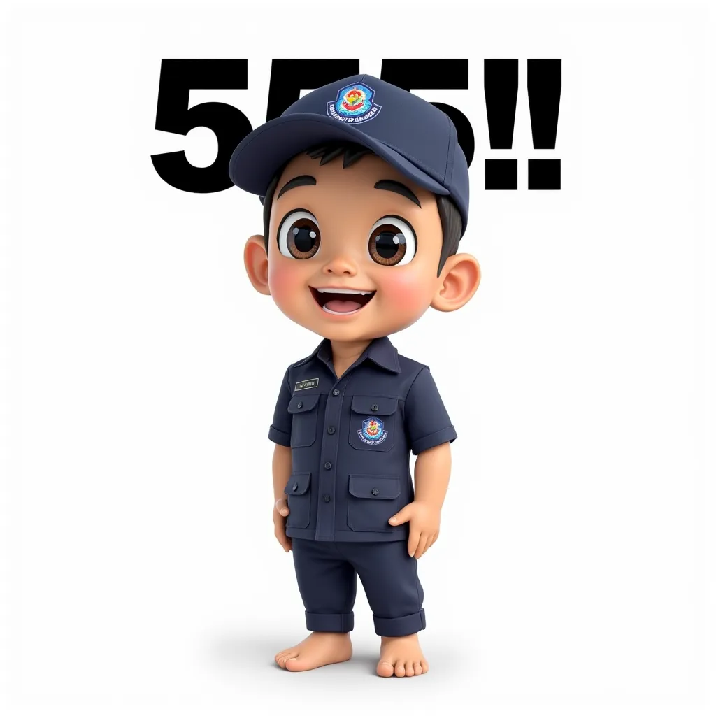 A chibi style 3D cartoon illustration of a Thai soldier in a dark blue short-sleeved uniform, dark blue slacks and a hat, standing and laughing happily with a bright smile, large and expressive eyes in an anime style, and a cute little body typical of chib...