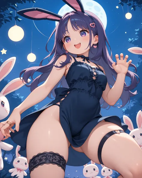 chibi anime , petit girl , round face , show off Thick thighs , bold open side drawstring dress , black garter ring , (heart is beating fast:0.1) , (Rodents tooth) , bold pose , out of frame , looking away , coquettish , stuffed rabbit , turn , night club ...