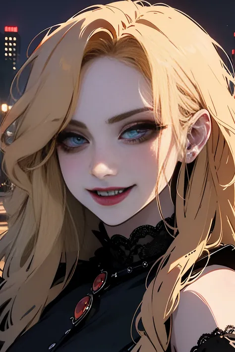 small waist, big hips, night city, streets, gorgeous woman, supermodel, blonde hair, long hair, elegant dressing, wavy hair, wolfcut, evil smile, angry eyes, ((red lips)), heavy makeup