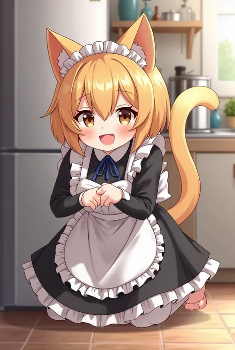 araffe maid in a kitchen with a refrigerator and a shelf, gorgeous maid, cosplay of a catboy! maid! dress, anime girl in a maid costume, maid outfit, the anime girl is crouching, wearing maid uniform, maid, japanese maid cafe, anime cat girl in a maid cost...