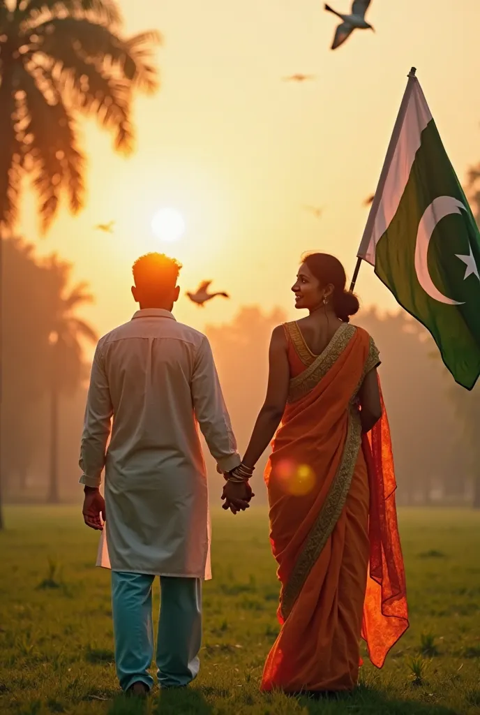 "A heartwarming, high-quality image of Indian and Pakistani ren standing together in a peaceful park, smiling and holding hands. The ren are waving their national flags—India's tricolor flag and Pakistan's green and white flag—as they stand in front of a b...