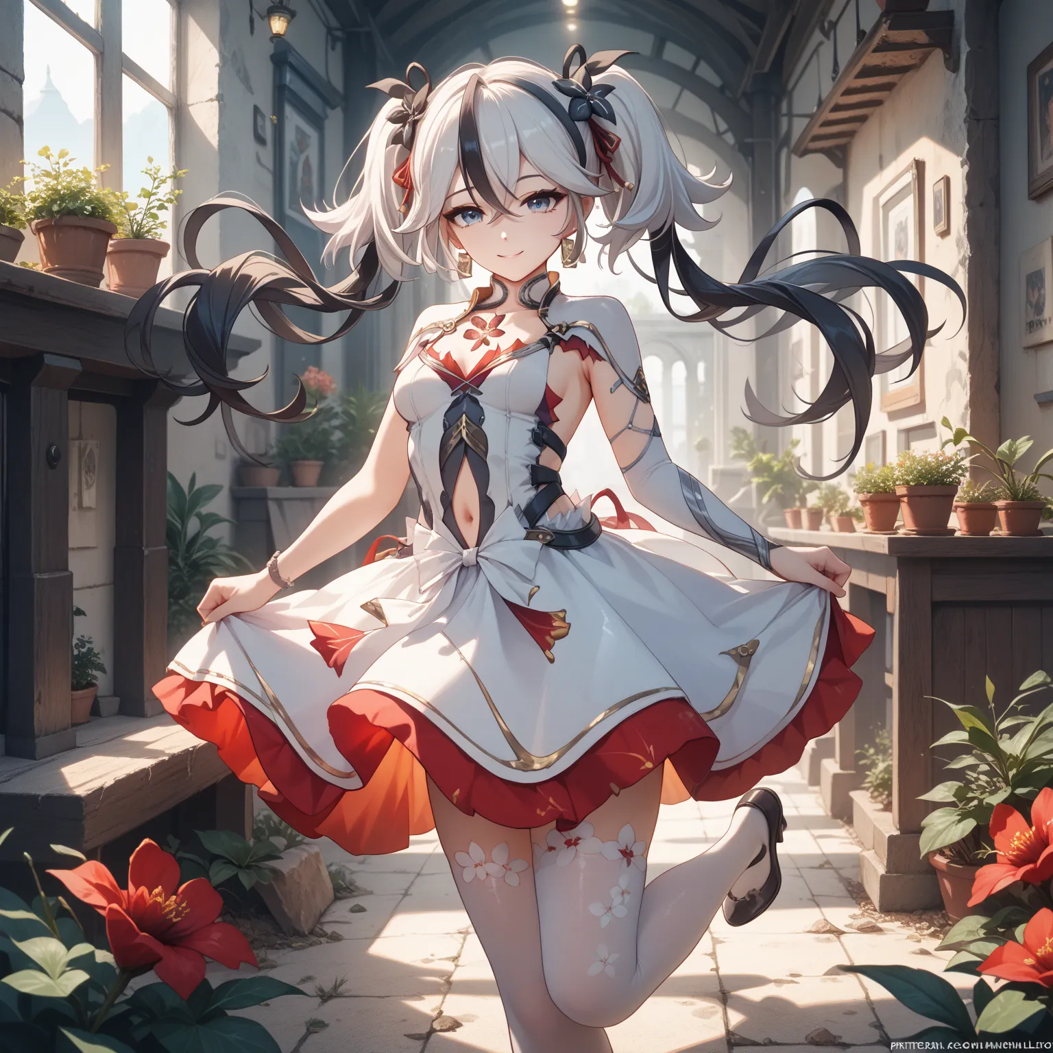 camellya, long hair, twisted hair, blue eyes, twintails, white hair, black streaks, hair flower, Medium chest, dress, white dress, jewelry , light smile, navel cutout, clothing cutout, flower thighhigh, white thighhigh, glossy skin, glistening skin, lookin...