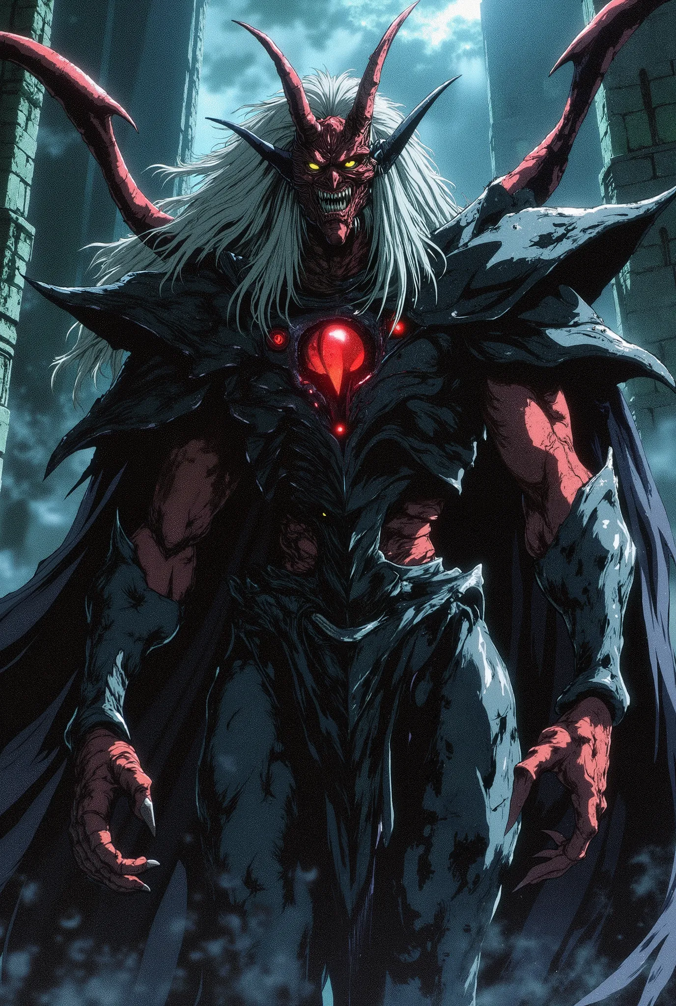 a red demon, with a pointed nose, four dark red horns, two small and two large curved backwards, long white hair, bright yellow eyes, black lips, pointed ears, red skin, wearing a symbiotic black metal armor that covers the entire body including clawed han...