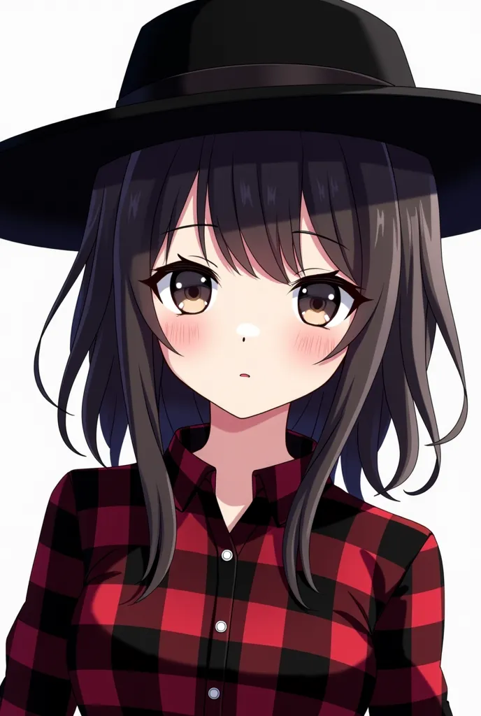 anime girl with a black hat and a plaid shirt, an anime drawing inspired by Yamagata Hiro, pixiv, gothic art, anime boy, anime styled, 2 d anime style, anime asthetic, anime style, style anime, anime vibes, 1 7 - year - old anime goth girl, male anime styl...