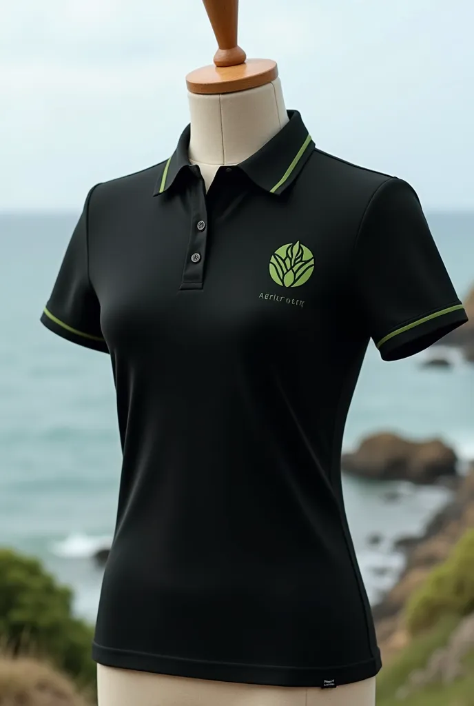 Black t-shirt with simple green details and a symbol of agriculture on the chest in the polo collar style, In front of Costa on a mannequin 