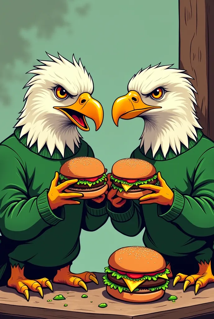 Two comic style eagles with green sweater eating hamburgers