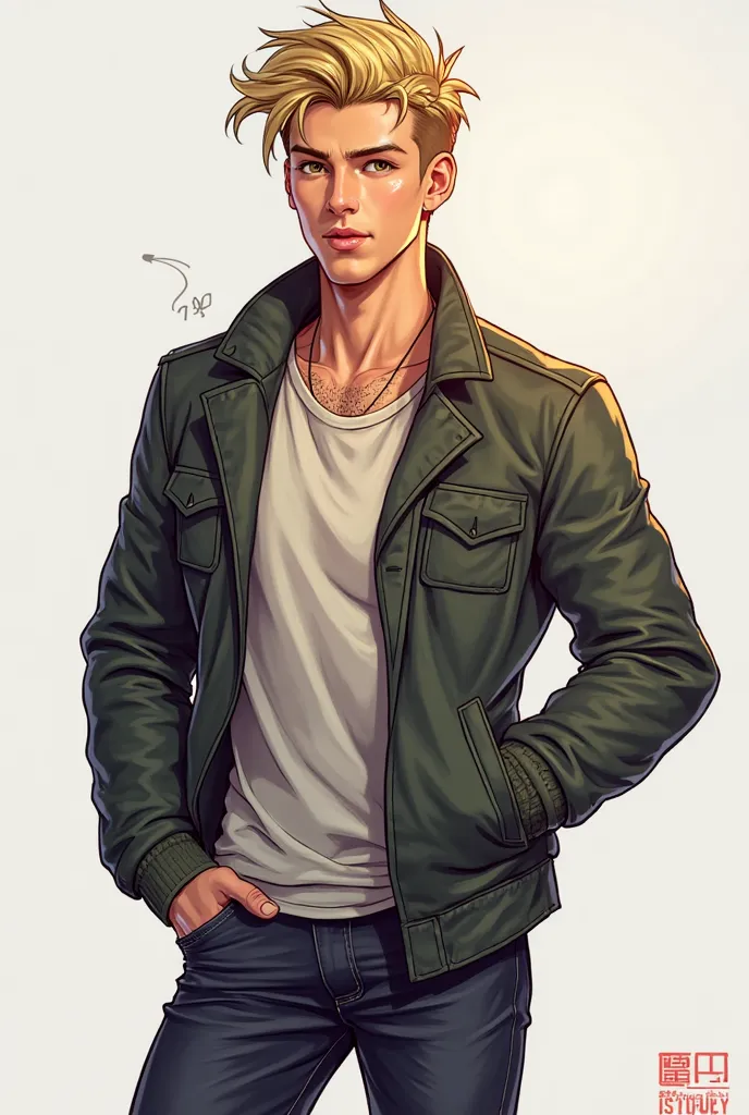 attractive young man of athletic build.  Probably, , he has blond or blond hair and bright eyes, , like many "Lisov".  he , Probably, characters, is fashionable and tries to look stylish. This art should look more cartoonish.