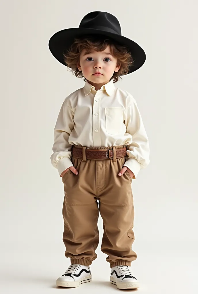 White boy with messy brown hair, with a black hat black eyes a white blouse with long sleeves up to the elbow with a waistband that is attached to the pants in a light brown one and a light dark brown belt and with white sneakers with black details 