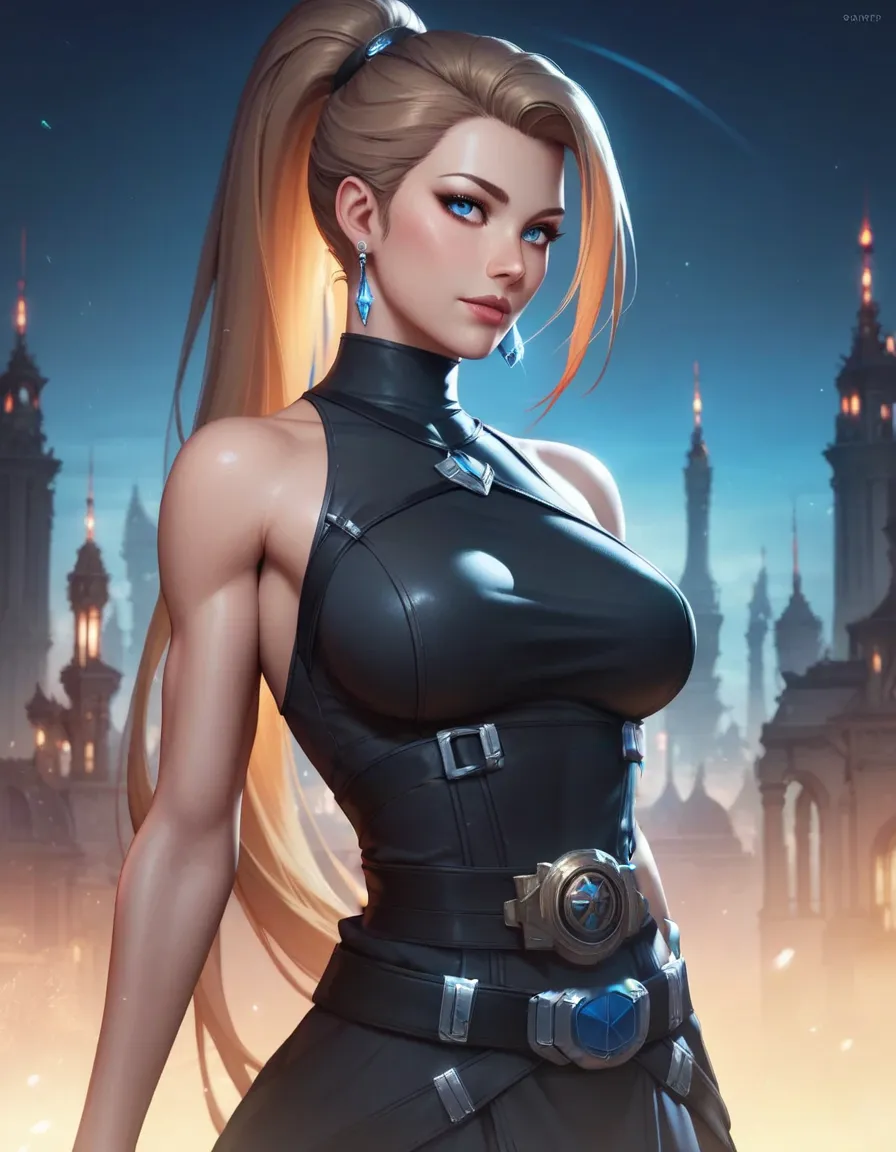 female black sleeveless turtleneck, black belt, bare shoulders, racerback, bare toned arms, beautiful faces, hazel ponytail with showing forehead, long ponytail, earrings, soft smooth skin, pale skin, night city background, blue eyes, sci-fi, high contrast...