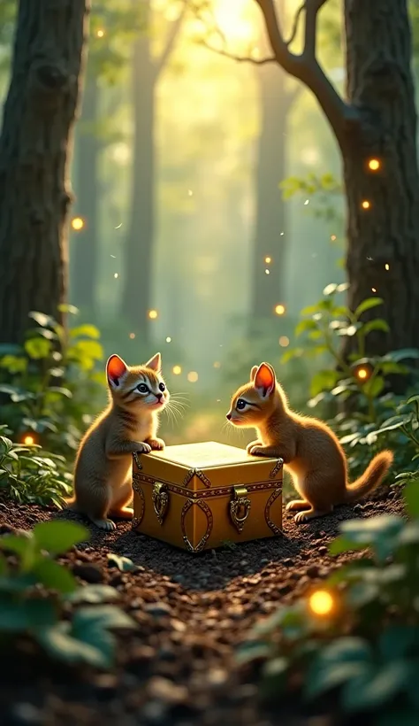 "A mysterious, small golden treasure chest half-buried under leaves and roots in a dense, magical forest. Sunlight filters through the tall trees, casting a warm glow on the box. A curious kitten and a squirrel stand nearby, their eyes wide with wonder and...