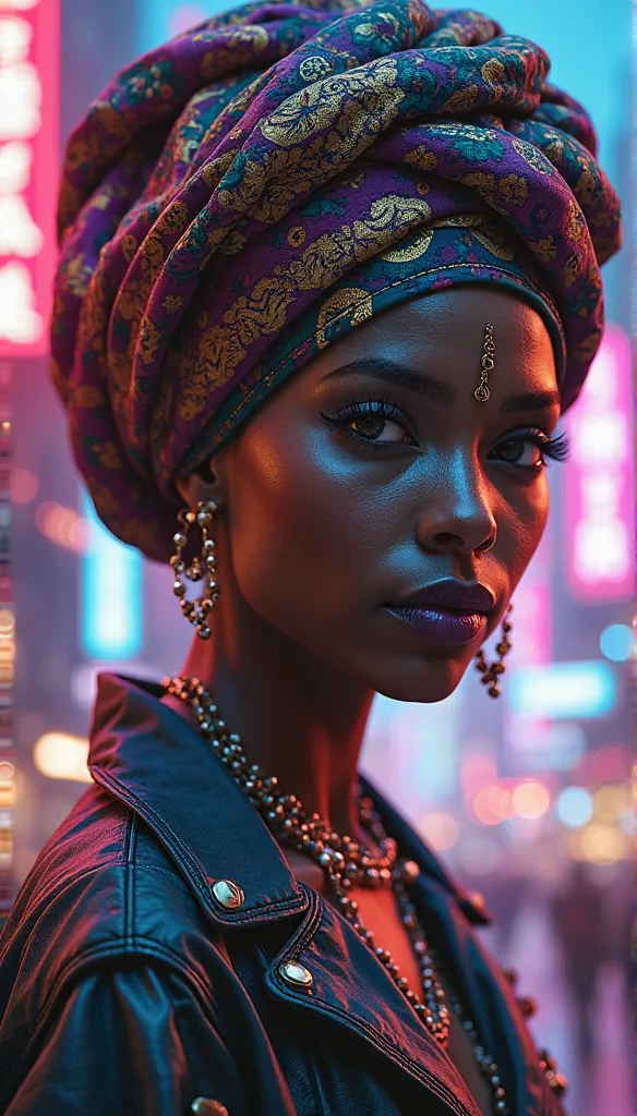 female human vodoo lumu cyberpunk photorealistic with turban