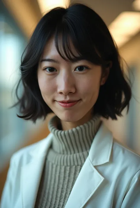 young beautiful woman, pharmasist,white coat, looking at camera, gazing at me, eye contact, smiling, black hair, bob cut, high quality, detailed portrait, realistic, photorealistic, cinematic lighting, dynamic pose, intricate facial features, delicate skin...