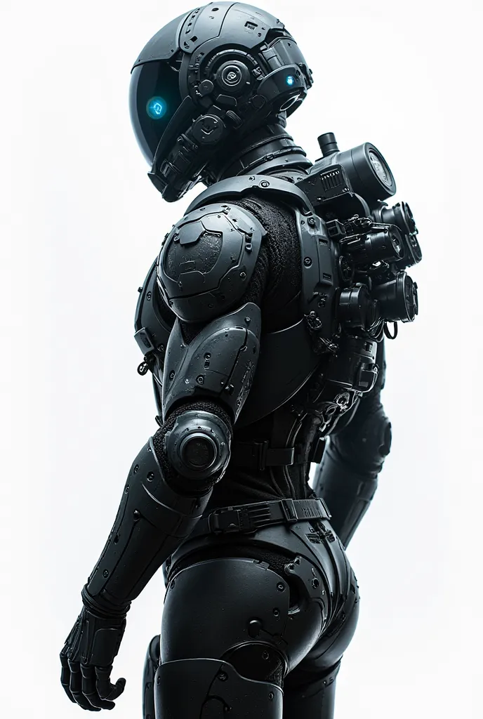 A futuristic, armored figure, likely a male, is depicted in a profile view. The figure is positioned on the right side of the image, and is oriented with its back to the viewer.  The figure wears a dark, black, high-tech, military-style suit.  The suit has...