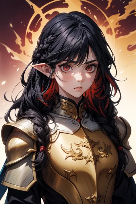 dark elf, Multicolored Hair, braided hair, white and black hair, golden armor, red and white eyes, masterpiece, war background, stare, empty expression, long sword on back. 