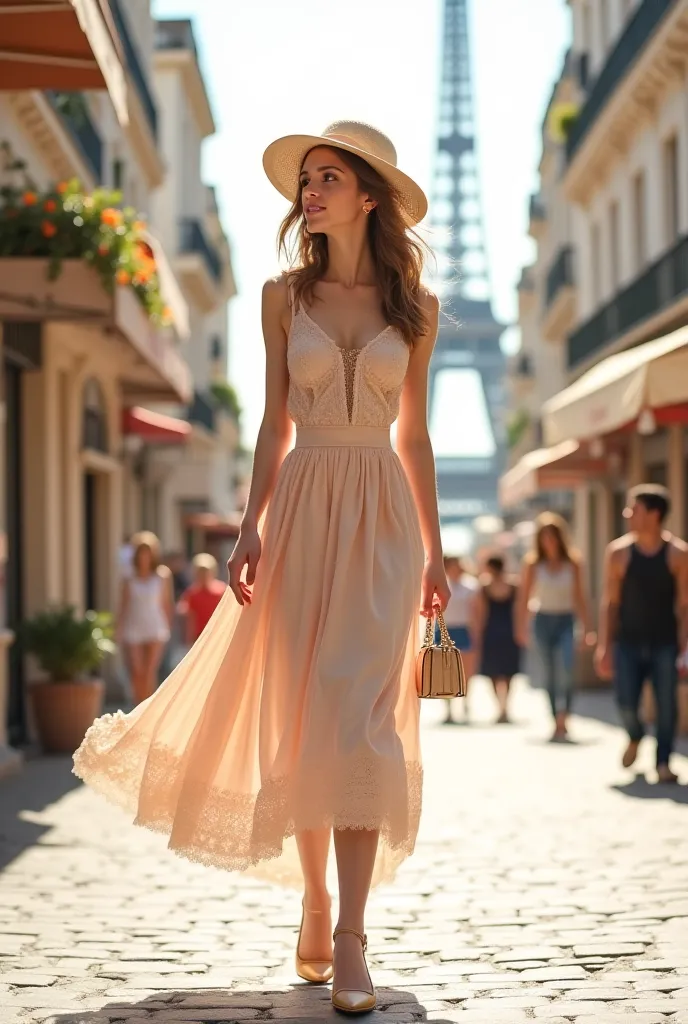 Give me french girl style dressing ideas with french hats, hairband or bow, a french dress and paris in thr background.