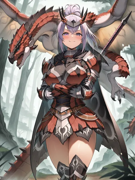 Rathalos terrible armor, 1 girl,Alone, purple eyes ,Berg, violet hair,ponytail,long hair , Big boobs, looking at the viewer, standing,Blush,closed mouth,multicolor overknees,red tank skirt,red armored thigh boots,red breastplate,red crown,red armored glove...