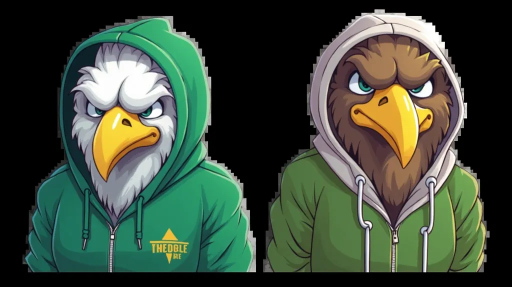 Two eagles in green sweaters eating hamburgers