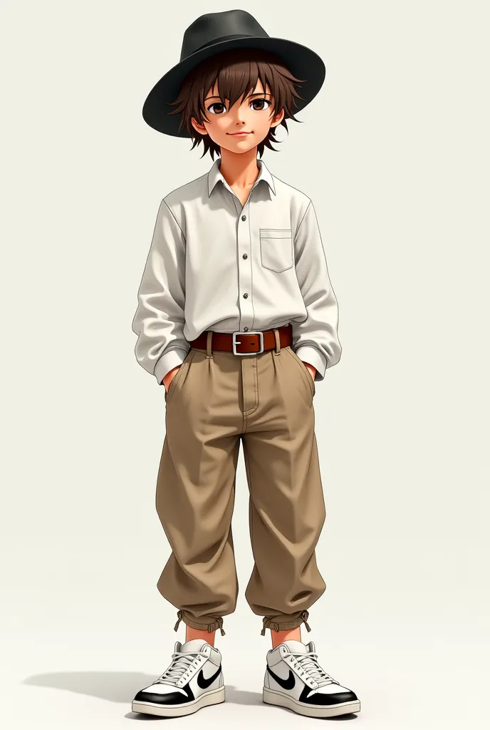 White boy with messy brown hair, with a black hat black eyes a white blouse with long sleeves to the elbow with light brown pants and a dark brown belt with white sneakers with a black detail