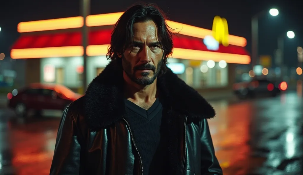 A realistic stylet of a man resembling Keanu Reeves, 50 years old standing in a dimly lit parking lot at night. He wears a black leather jacket with a thick fur collar, layered over a dark sweater. His facial expression is serious yet contemplative, with s...