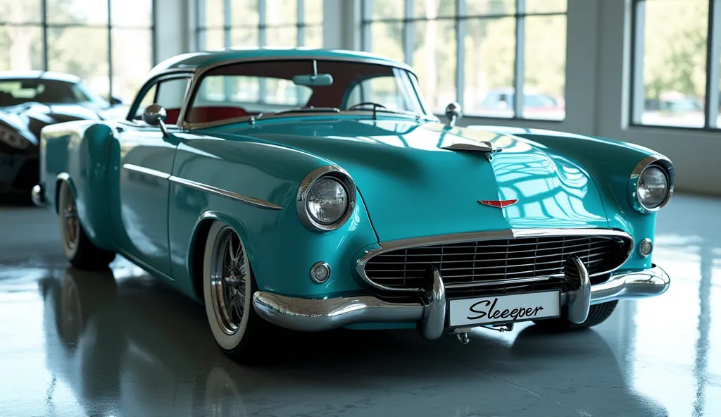 "A realistic, high-quality image of a modern sports car seen from the front left right side view, resembling a  1954 Chevy Nova Sleeper . The car is oily aqua blue with glossy paint and a sleek, aerodynamic design. It has . The Chevy Nova logo is displayed...