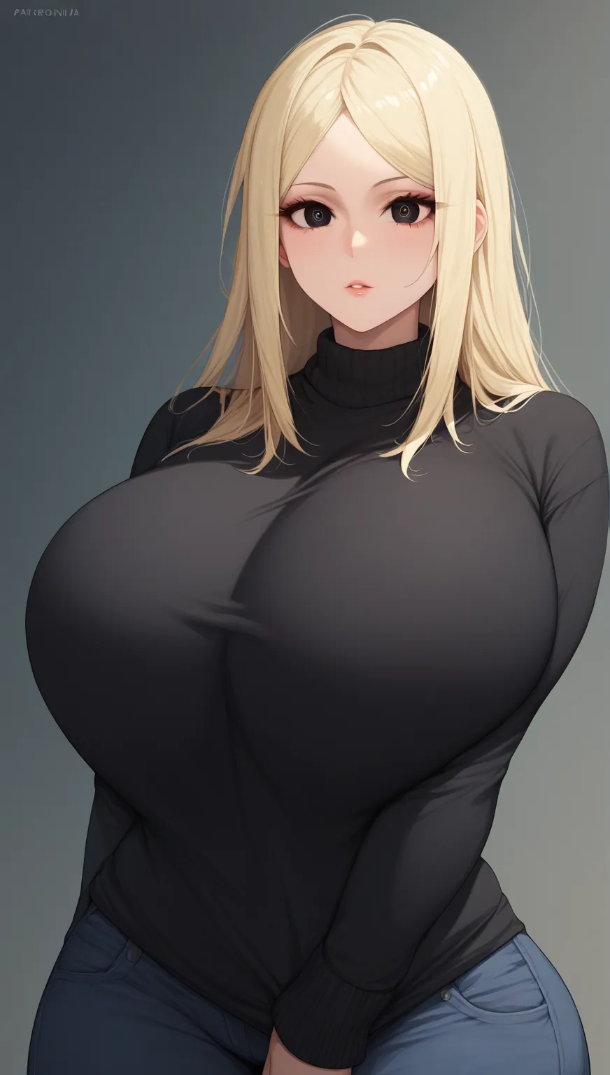 mixed_Art Style , (detailed eyes), (mature woman),  pretty woman,  huge breasts, (blonde hair tied behind),  side fringe, ( black sweater shirt, calcinha fio dental insinuante ),   black eyes , olhar prazer , ultrarealista, huge body