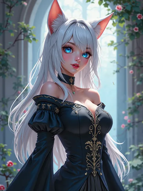 1girl, young, white hair, blue eyes, adult, cute, cat girl, cat ears, short hair, mage, black mage clothing, RPG, fantasy, masterpiece, best quality, slim body, nice body, nice chest, real toon style