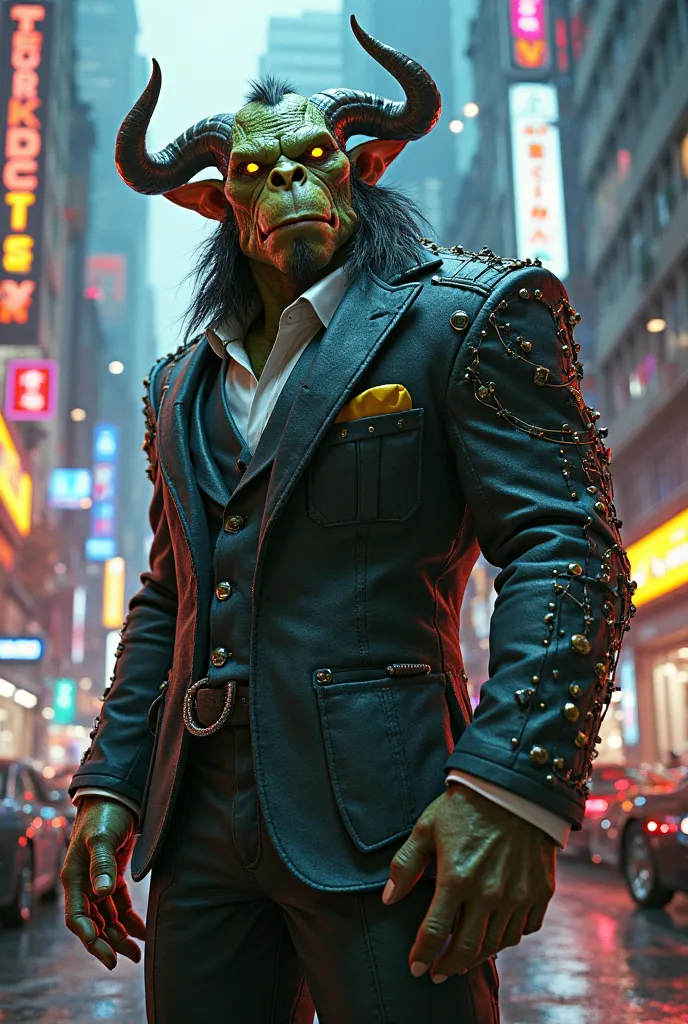 male troll with horns and modern clothing, car dealer in cyberpunk photorealistic