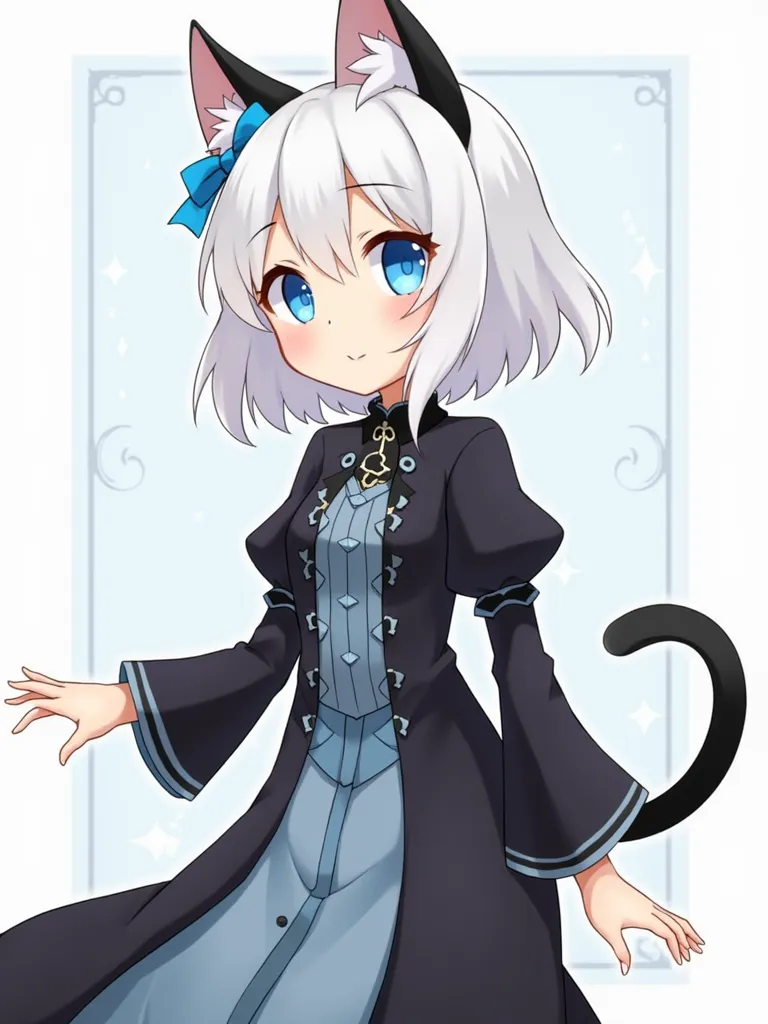 1girl, young, white hair,(short hair)+, white short hair, blue eyes, adult, cute, cat girl, cat ears, mage, black mage clothing, RPG, fantasy, masterpiece, best quality, slim body, nice body, nice chest, real toon style