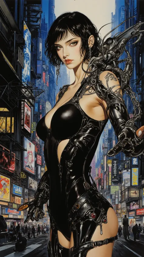 cyberpunk girl，full body，Painted by Shirou Masamune，in a highly detailed and dynamic style, 