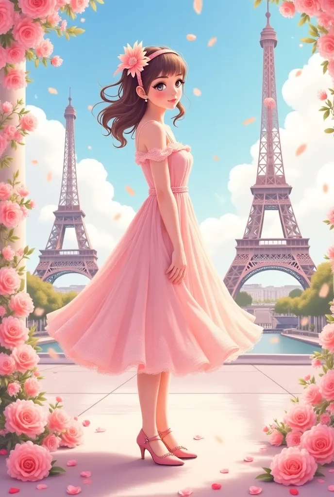 Give me french girl style dressing ideas with french hats, hairband or bow, a french dress and paris in thr background. The art style Is anime. 