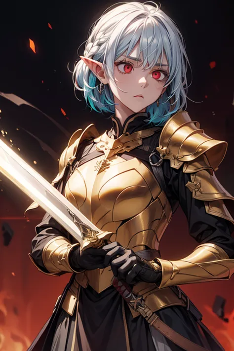 dark elf, Multicolored black and white Hair, braided, golden armor, red glowing eyes, masterpiece, war background, stare, empty expression, long sword. 