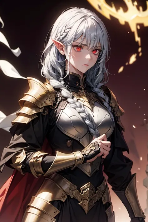 dark elf, Multicolored black and white Hair, braided, golden armor, red glowing eyes, masterpiece, war background, stare, empty expression, long sword. 