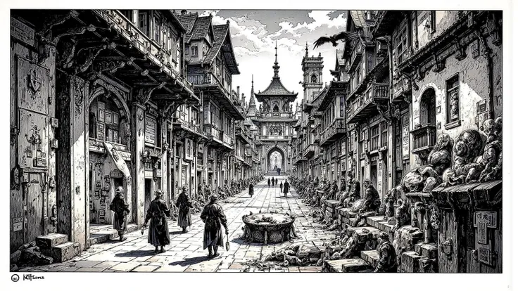 There's an Ukiyo-e of a decadent medieval European city, Dark Ages ,People Falling by the Wayside,disease,mouse,Flesh-pecking Raven,wide angle shot,  chiaroscuro,  detailed cover art ,Black Details ,Scary works, Exorcist ,abstract and abstract sky, mystica...